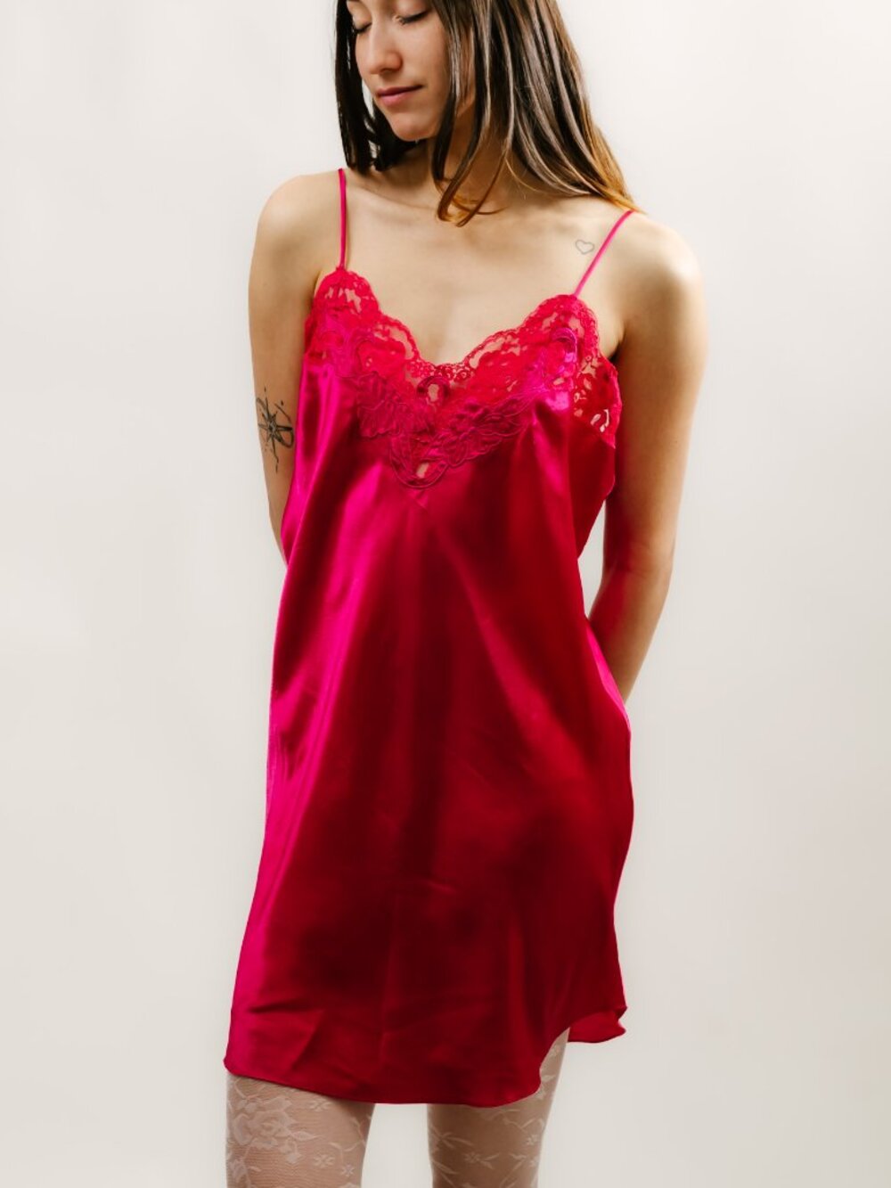 90s Satin Slip Dress (M) medium pink vintage mini magenta nightie negligee sexy